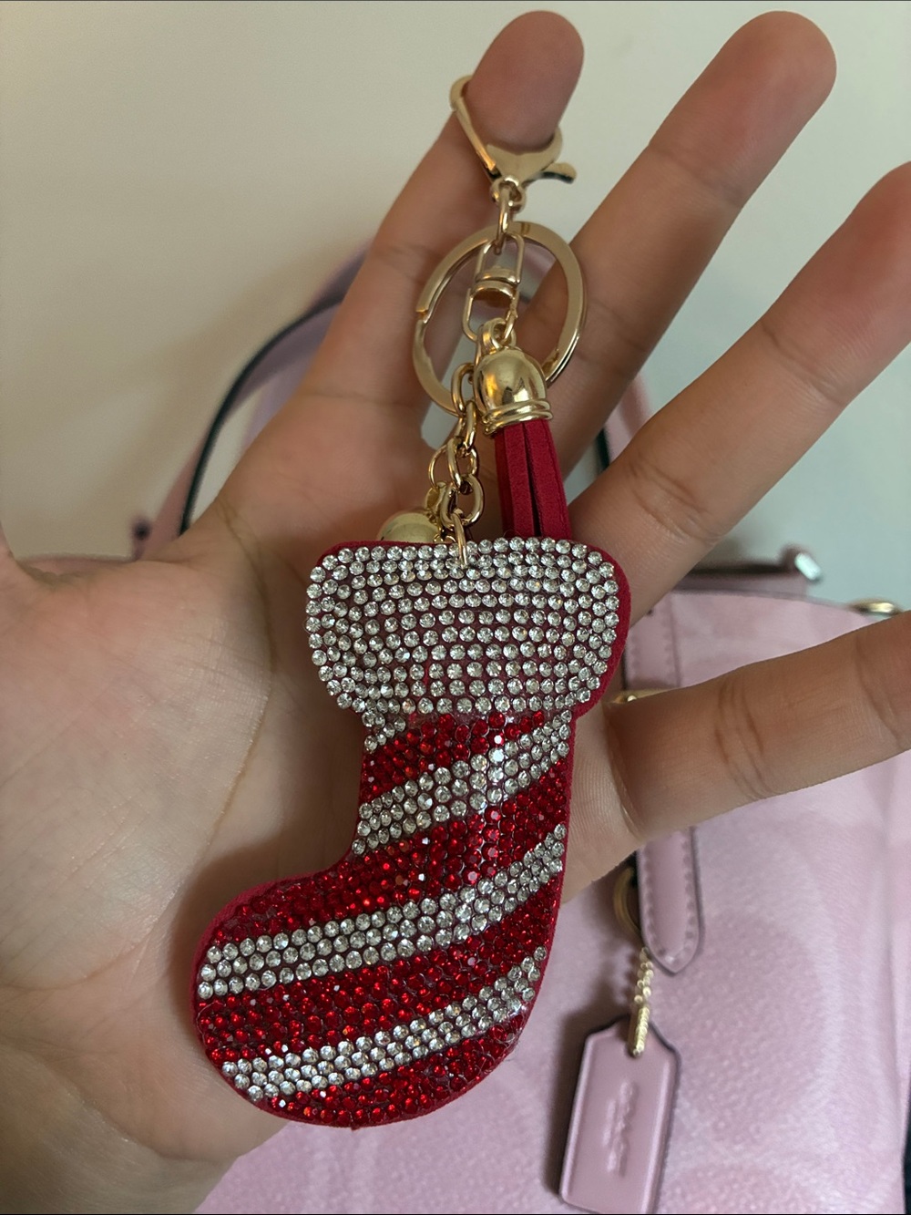 2/$20π Rhinestone Candy Cane Stocking Keychain - Picture 2 of 2